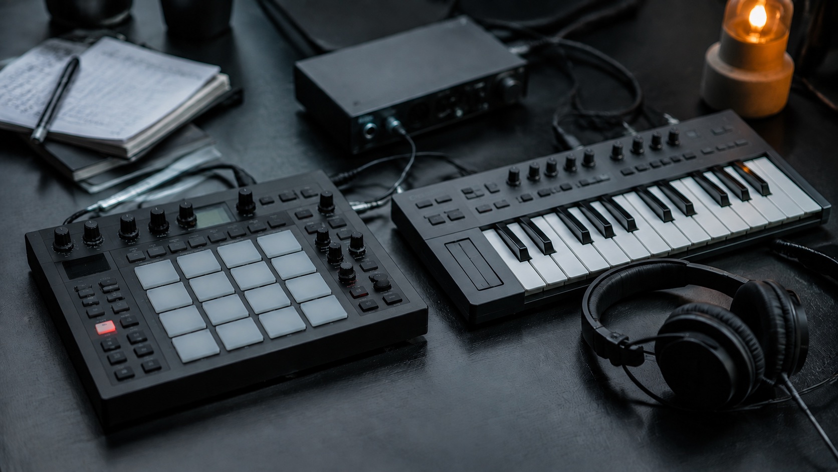 AI-generated editorial study of a sampler, MIDI keyboard and headphones. Illustrative imagery, not actual AER equipment.